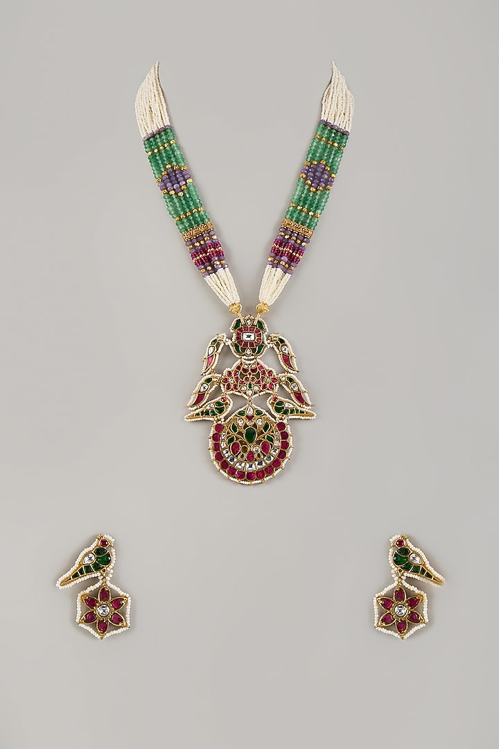 Gold Finish Kundan Polki & Multi-Colored Gemstone Long Beaded Necklace Set by JewelTreeTz at Pernia's Pop Up Shop