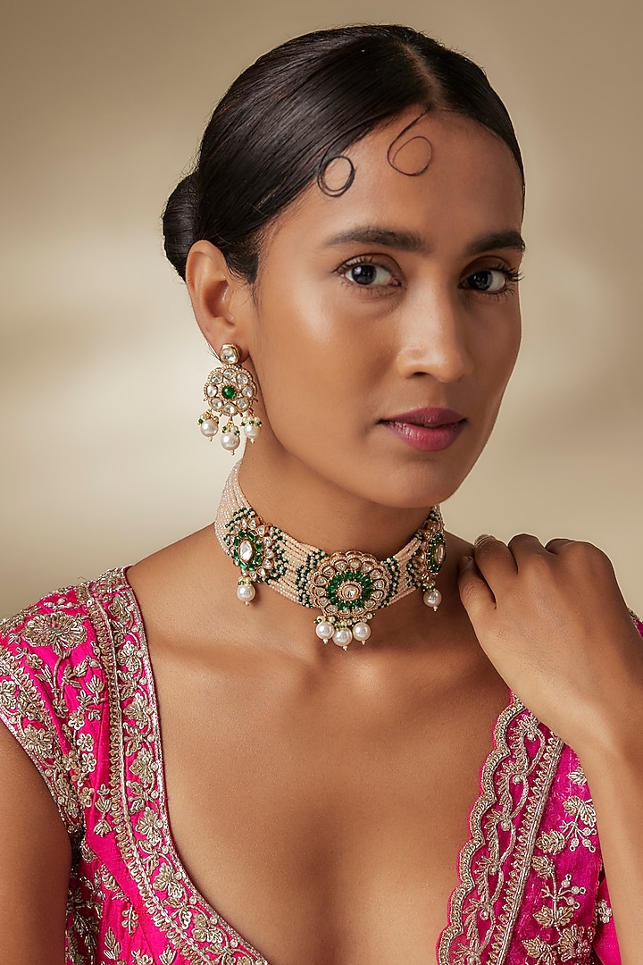 Gold Finish Kundan Polki & Emerald Gemstone Choker Necklace Set by JewelTreeTz at Pernia's Pop Up Shop