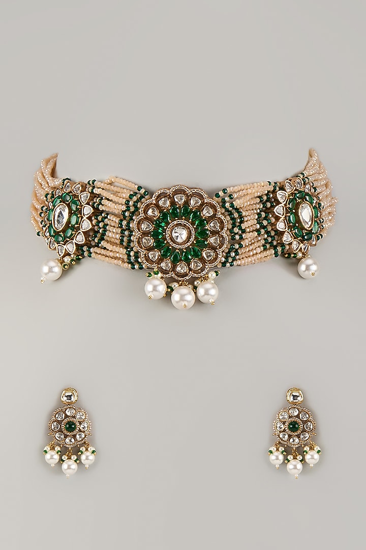 Gold Finish Kundan Polki & Emerald Gemstone Choker Necklace Set by JewelTreeTz at Pernia's Pop Up Shop