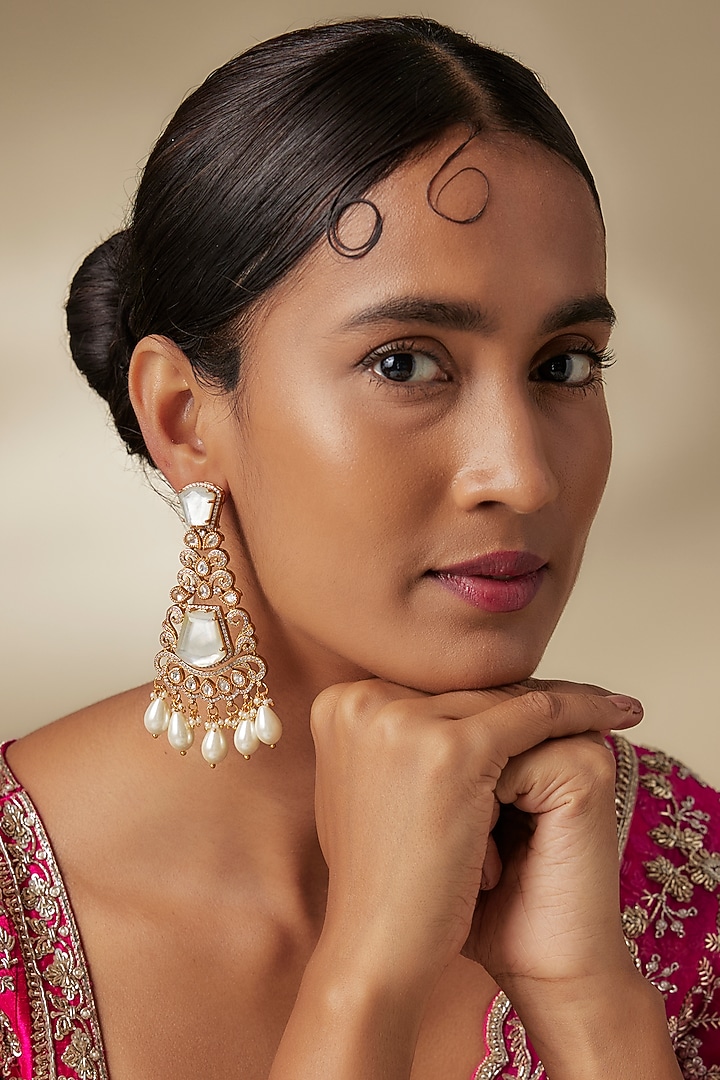 Gold Finish Moissanite Stone & Mother Of Pearl Dangler Earrings by JewelTreeTz at Pernia's Pop Up Shop