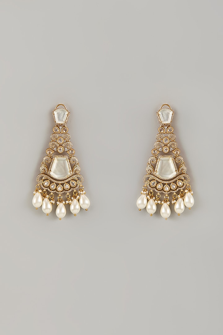 Gold Finish Moissanite Stone & Mother Of Pearl Dangler Earrings by JewelTreeTz at Pernia's Pop Up Shop