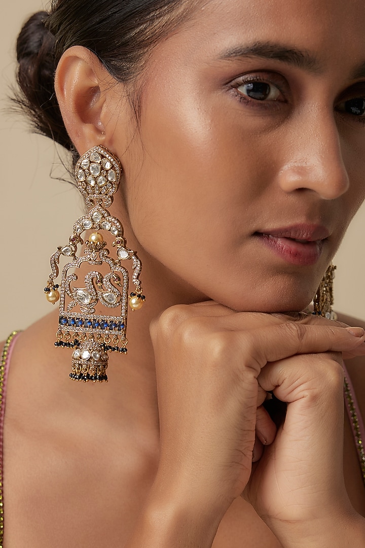 Two Tone Finish Moissanite Stone & Pearl Dangler Earrings by JewelTreeTz at Pernia's Pop Up Shop