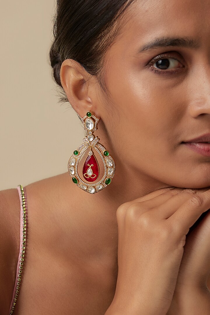 Gold Finish Uncut Kundan Polki & Ruby Drop Chandbali Earrings by JewelTreeTz at Pernia's Pop Up Shop