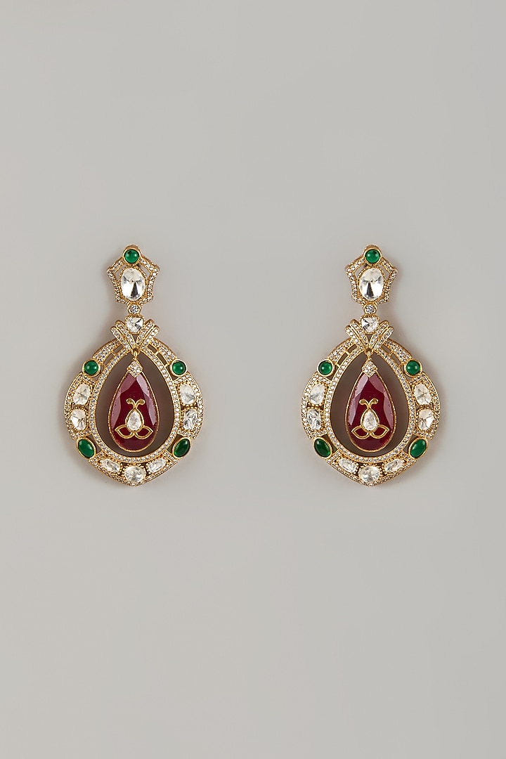 Gold Finish Uncut Kundan Polki & Ruby Drop Chandbali Earrings by JewelTreeTz at Pernia's Pop Up Shop