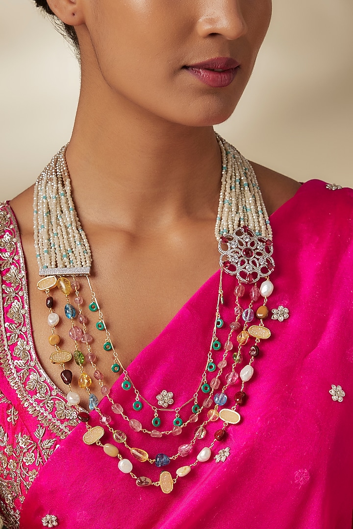 White Finish Cubic Zirconia & Ruby Long Layered Necklace by JewelTreeTz at Pernia's Pop Up Shop