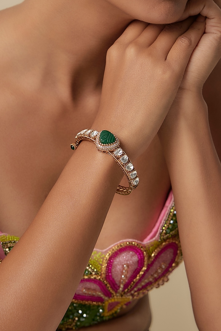 Gold Finish Uncut Polki & Green Stone Openable Bangle by JewelTreeTz at Pernia's Pop Up Shop