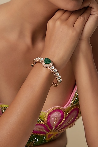 Gold Finish Uncut Polki & Green Stone Openable Bangle by JewelTreeTz