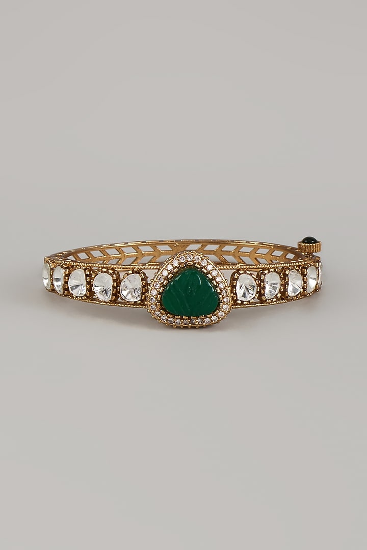 Gold Finish Uncut Polki & Green Stone Openable Bangle by JewelTreeTz at Pernia's Pop Up Shop