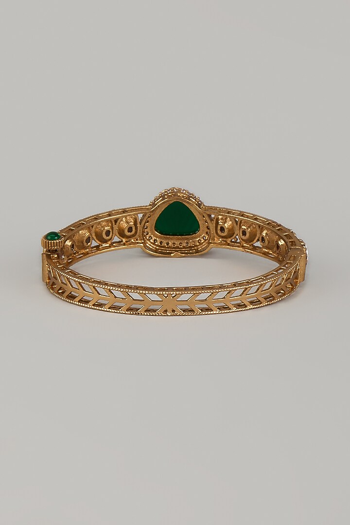 Gold Finish Uncut Polki & Green Stone Openable Bangle by JewelTreeTz at Pernia's Pop Up Shop