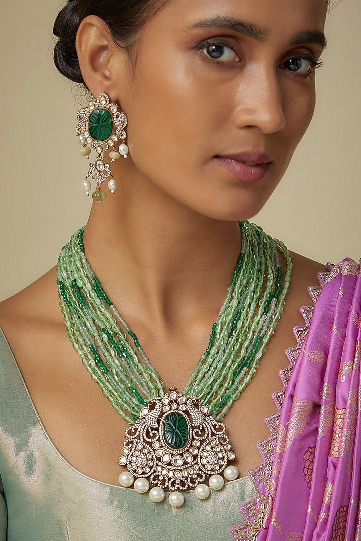 Two Tone Finish Emerald Agate Beaded & Uncut Kundan Polki Long Necklace Set by JewelTreeTz at Pernia's Pop Up Shop