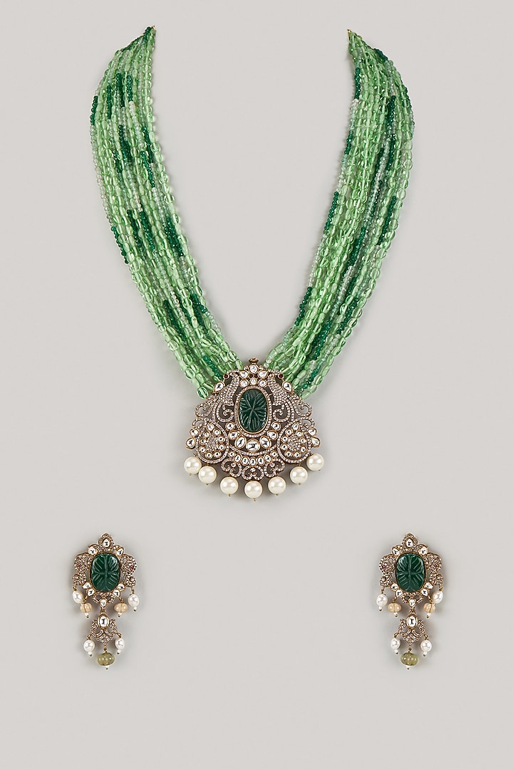 Two Tone Finish Emerald Agate Beaded & Uncut Kundan Polki Long Necklace Set by JewelTreeTz at Pernia's Pop Up Shop