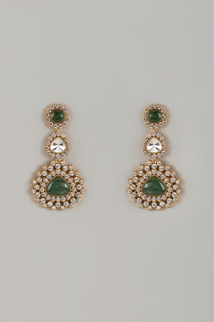 Gold Finish Uncut Polki & Green Aventurine Stone Dangler Earrings by JewelTreeTz at Pernia's Pop Up Shop