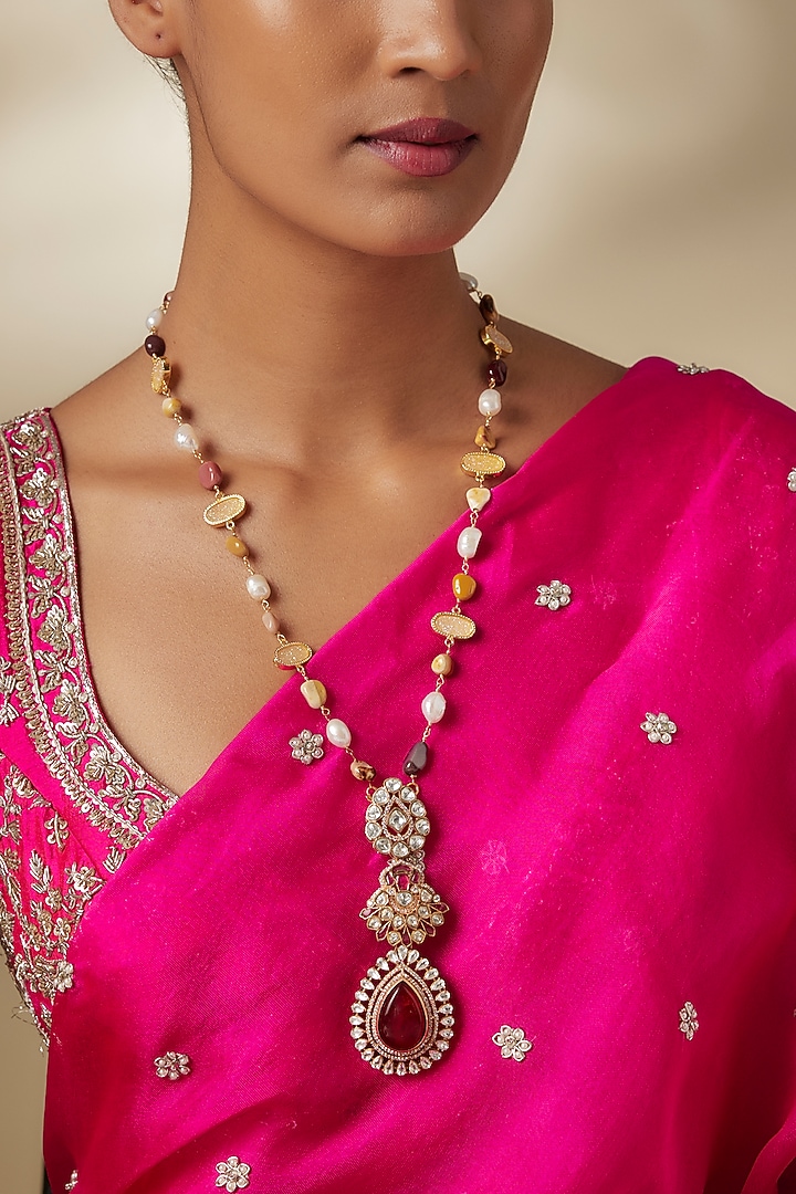 Gold Finish Moissanite Stone & Pearl Long Pendant Necklace by JewelTreeTz at Pernia's Pop Up Shop