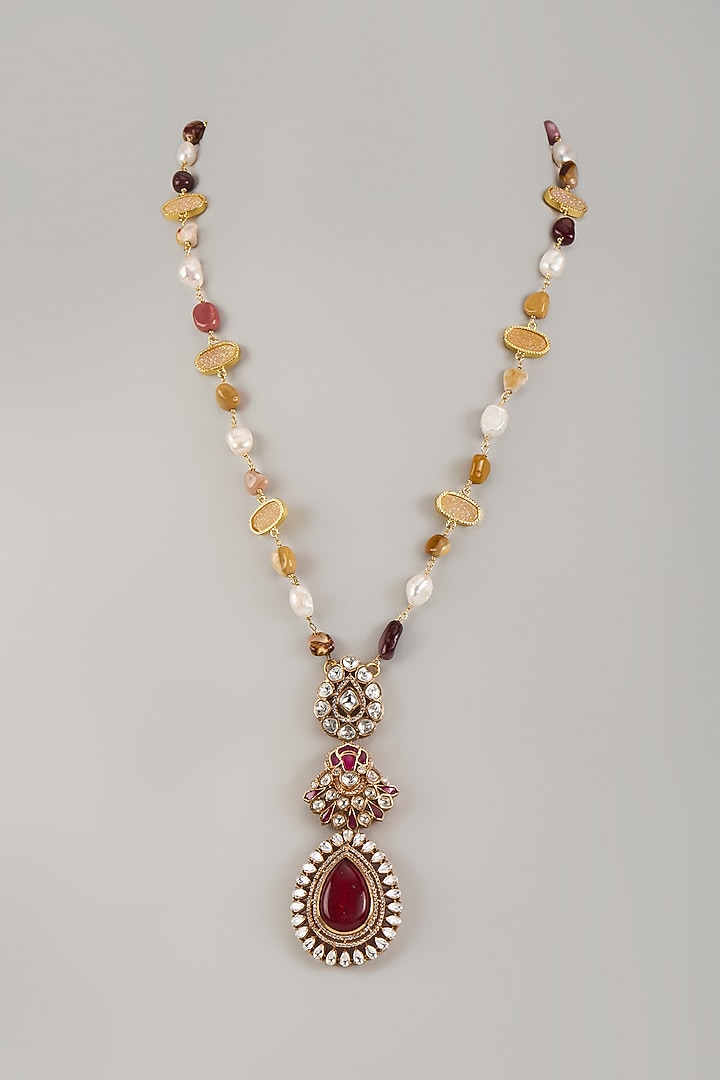 Gold Finish Moissanite Stone & Pearl Long Pendant Necklace by JewelTreeTz at Pernia's Pop Up Shop