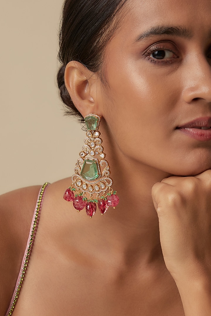Gold Finish Rose & Green Aventurine Stone Dangler Earrings by JewelTreeTz at Pernia's Pop Up Shop