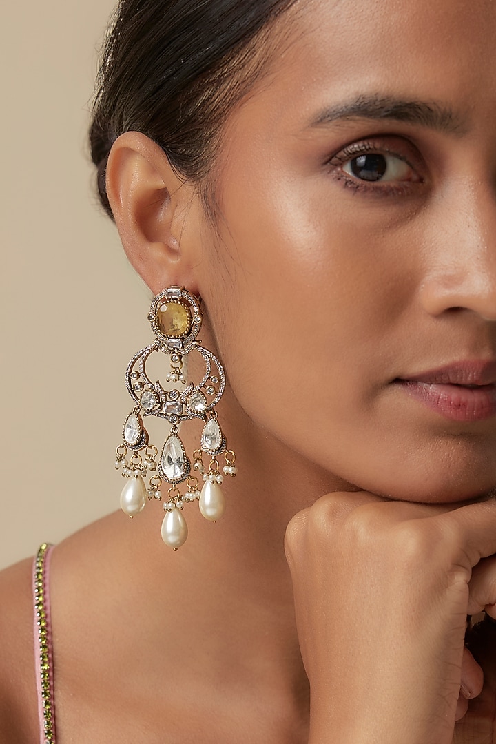 White Finish Kundan Polki & Perl Drop Dangler Earrings by JewelTreeTz at Pernia's Pop Up Shop