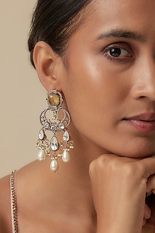 White Finish Kundan Polki & Perl Drop Dangler Earrings by JewelTreeTz