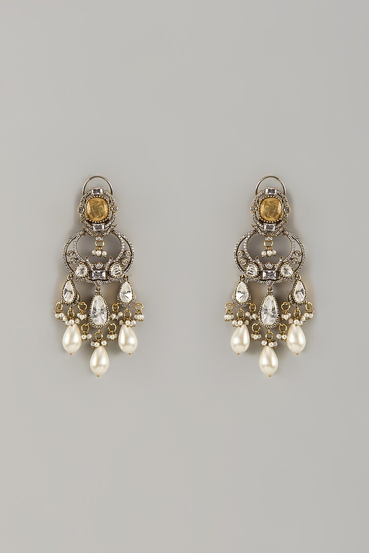 White Finish Kundan Polki & Perl Drop Dangler Earrings by JewelTreeTz at Pernia's Pop Up Shop