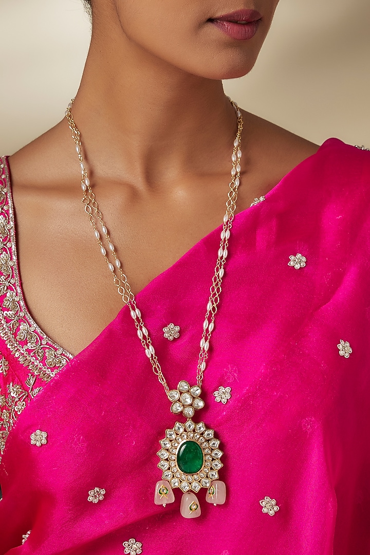 Gold Finish Moissanite Stone & Emerald Doublet Stone Long Pendant Necklace by JewelTreeTz at Pernia's Pop Up Shop