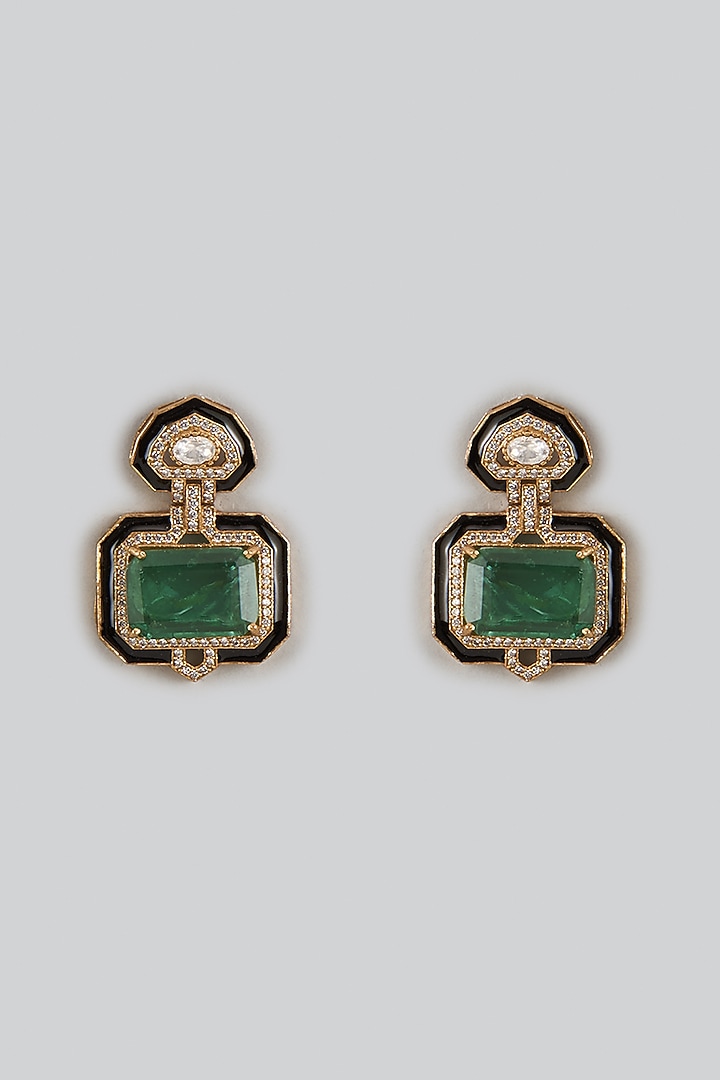 Gold Finish Doublet Green Stone & Cubic Zirconia Enameled Stud Earrings by JewelTreeTz at Pernia's Pop Up Shop