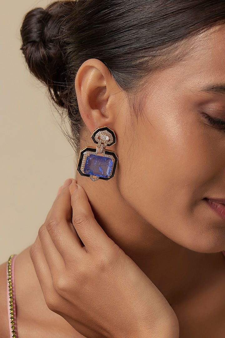 Gold Finish Doublet Blue Stone & Cubic Zirconia Enameled Stud Earrings by JewelTreeTz at Pernia's Pop Up Shop