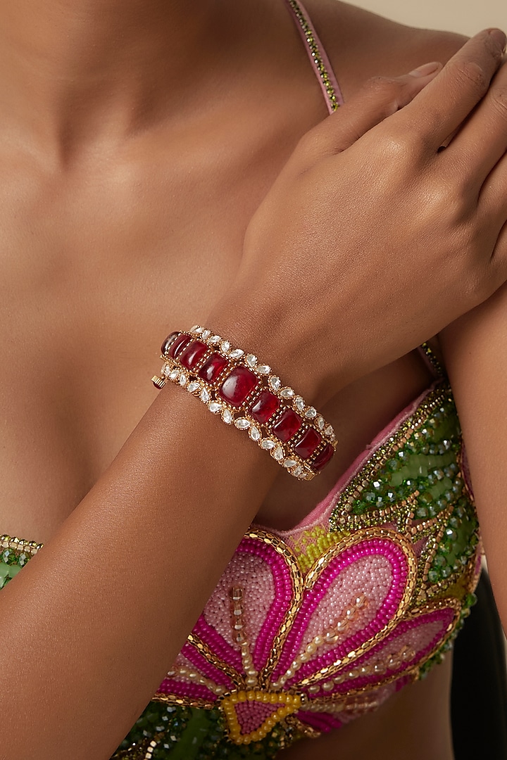 Gold Finish Uncut Kundan Polki & Ruby Aventurine Bangle by JewelTreeTz at Pernia's Pop Up Shop