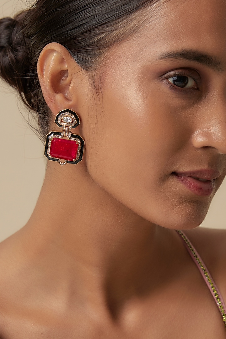 Gold Finish Doublet Ruby Stone & Cubic Zirconia Enameled Stud Earrings by JewelTreeTz at Pernia's Pop Up Shop