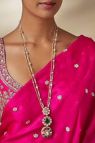 Gold Finish Moissanite Stone & Navratna Stone Long Pendant Necklace by JewelTreeTz