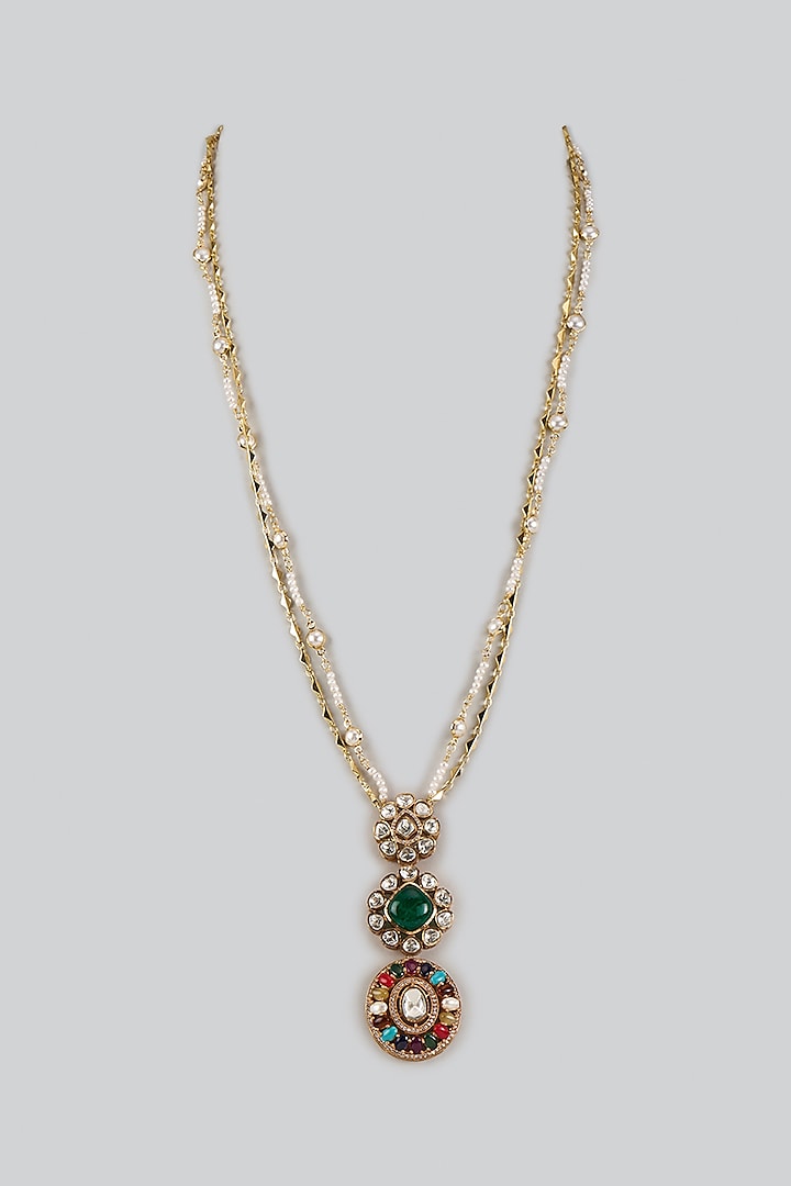 Gold Finish Moissanite Stone & Navratna Stone Long Pendant Necklace by JewelTreeTz at Pernia's Pop Up Shop