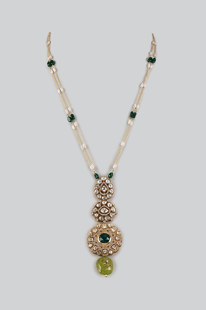 Gold Finish Moissanite Stone & Pearl Long Pendant Necklace by JewelTreeTz at Pernia's Pop Up Shop