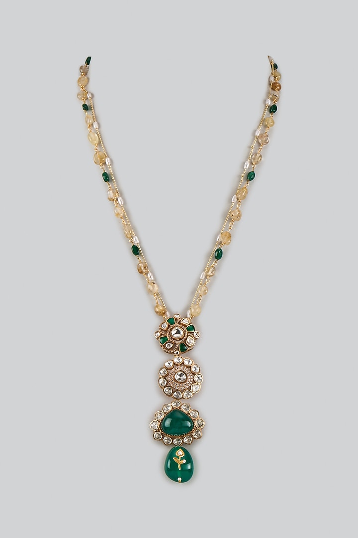 Gold Finish Moissanite Stone & Emerald Stone Long Pendant Necklace by JewelTreeTz at Pernia's Pop Up Shop