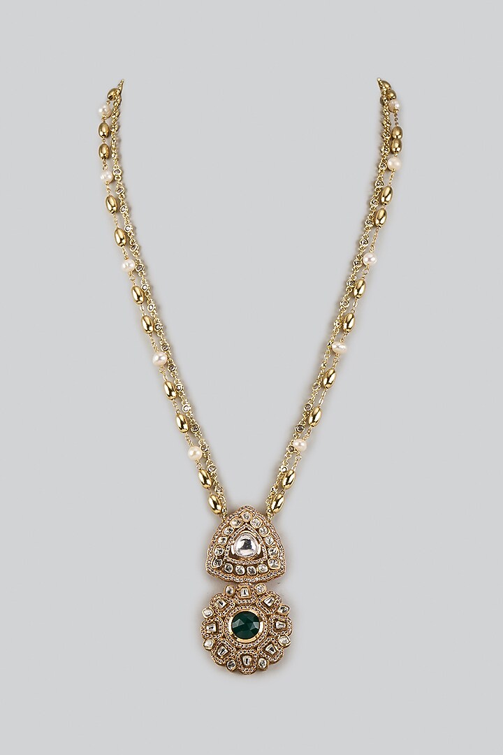 Gold Finish Moissanite Stone & Green Cabochon Long Pendant Necklace by JewelTreeTz at Pernia's Pop Up Shop