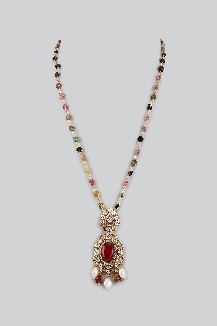 Gold Finish Moissanite Stone & Red Cabochon Long Pendant Necklace by JewelTreeTz at Pernia's Pop Up Shop