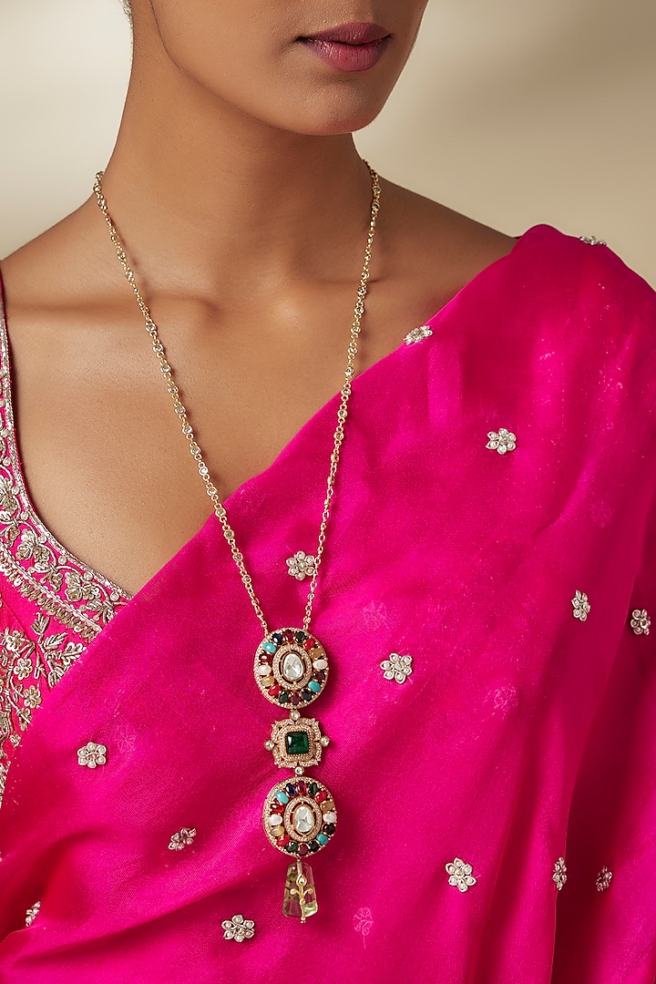 Gold Finish Moissanite Stone & Navratna Stone Long Pendant Necklace by JewelTreeTz at Pernia's Pop Up Shop