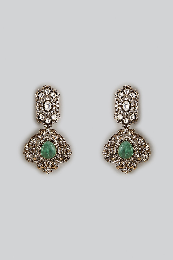 Black Rhodium Finish Uncut Kundan Polki & Green Aventurine Dangler Earrings by JewelTreeTz at Pernia's Pop Up Shop