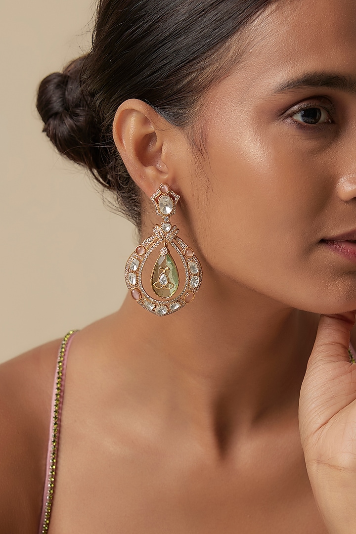 Gold Finish Uncut Kundan Polki & Gren Drop Chandbali Earrings by JewelTreeTz at Pernia's Pop Up Shop