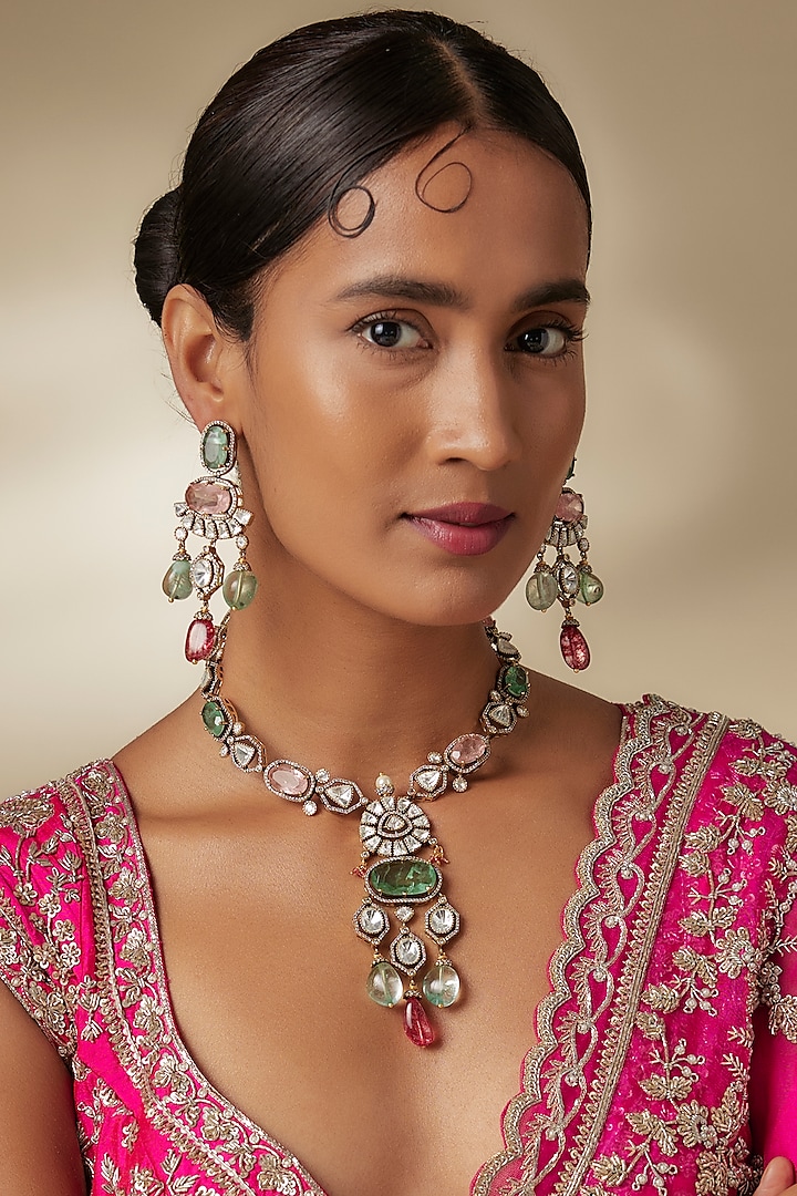 White Finish Uncut Kundan Polki Long Victorian Necklace Set by JewelTreeTz at Pernia's Pop Up Shop