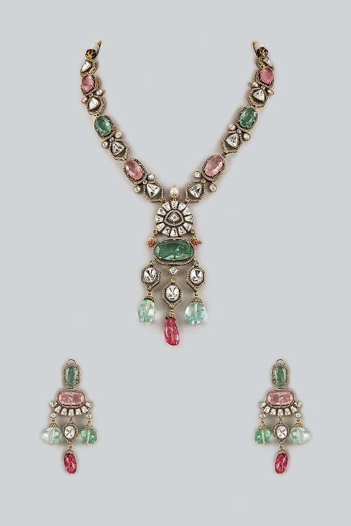White Finish Uncut Kundan Polki Long Victorian Necklace Set by JewelTreeTz at Pernia's Pop Up Shop