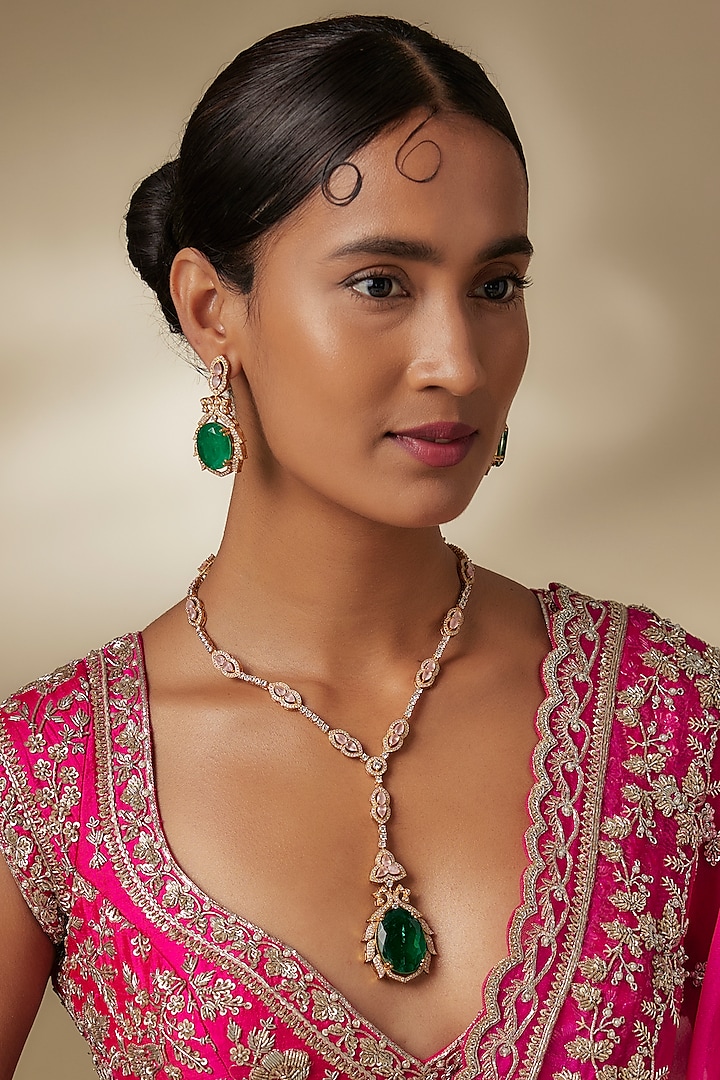 Rose Gold Finish Doublet Emerald & Cubic Zirconia Long Necklace Set by JewelTreeTz at Pernia's Pop Up Shop