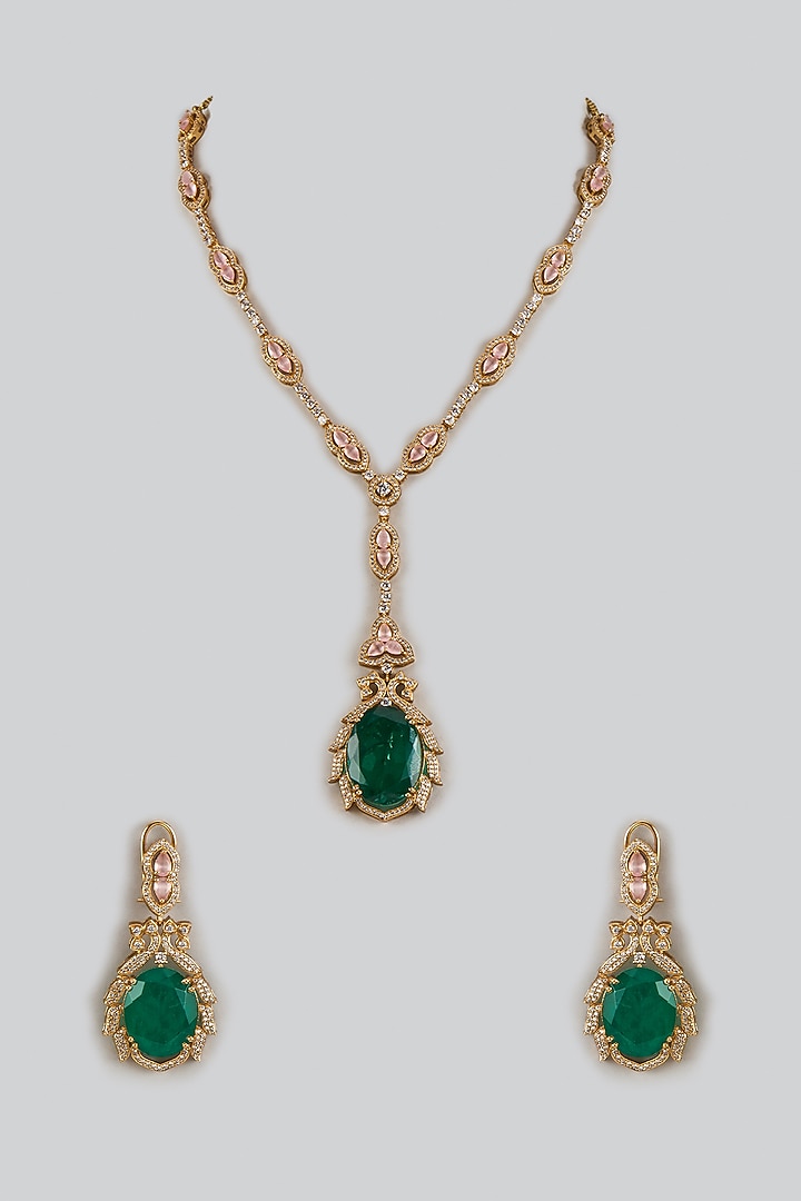 Rose Gold Finish Doublet Emerald & Cubic Zirconia Long Necklace Set by JewelTreeTz at Pernia's Pop Up Shop