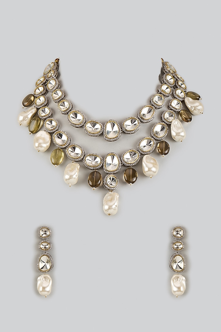 White Finish Uncut Kundan Polki & Mother Of Pearl Victorian Necklace Set by JewelTreeTz at Pernia's Pop Up Shop