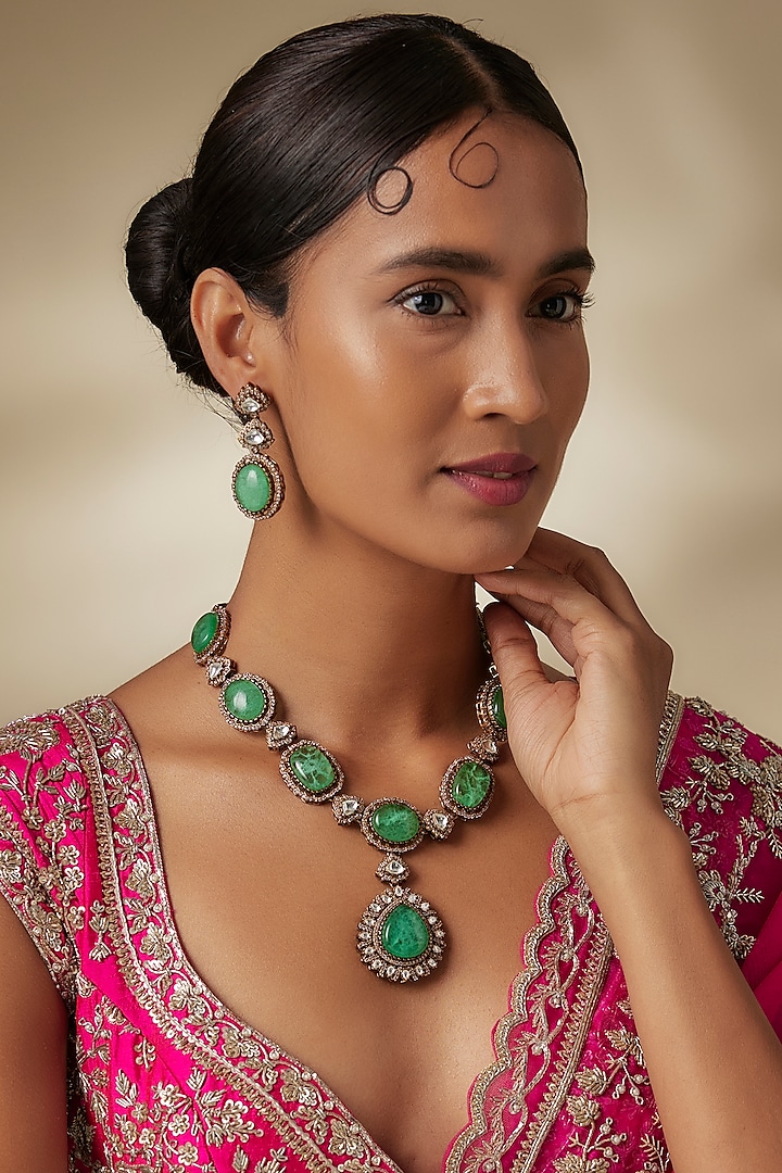 Two Tone Finish Uncut Kundan Polki & Green Aventurine Necklace Set by JewelTreeTz at Pernia's Pop Up Shop