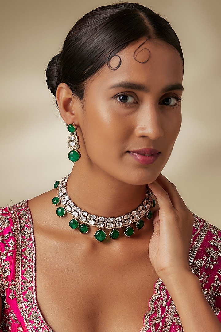 Two Tone Finish Emerald Gemstone & Kundan Polki Choker Necklace Set by JewelTreeTz at Pernia's Pop Up Shop