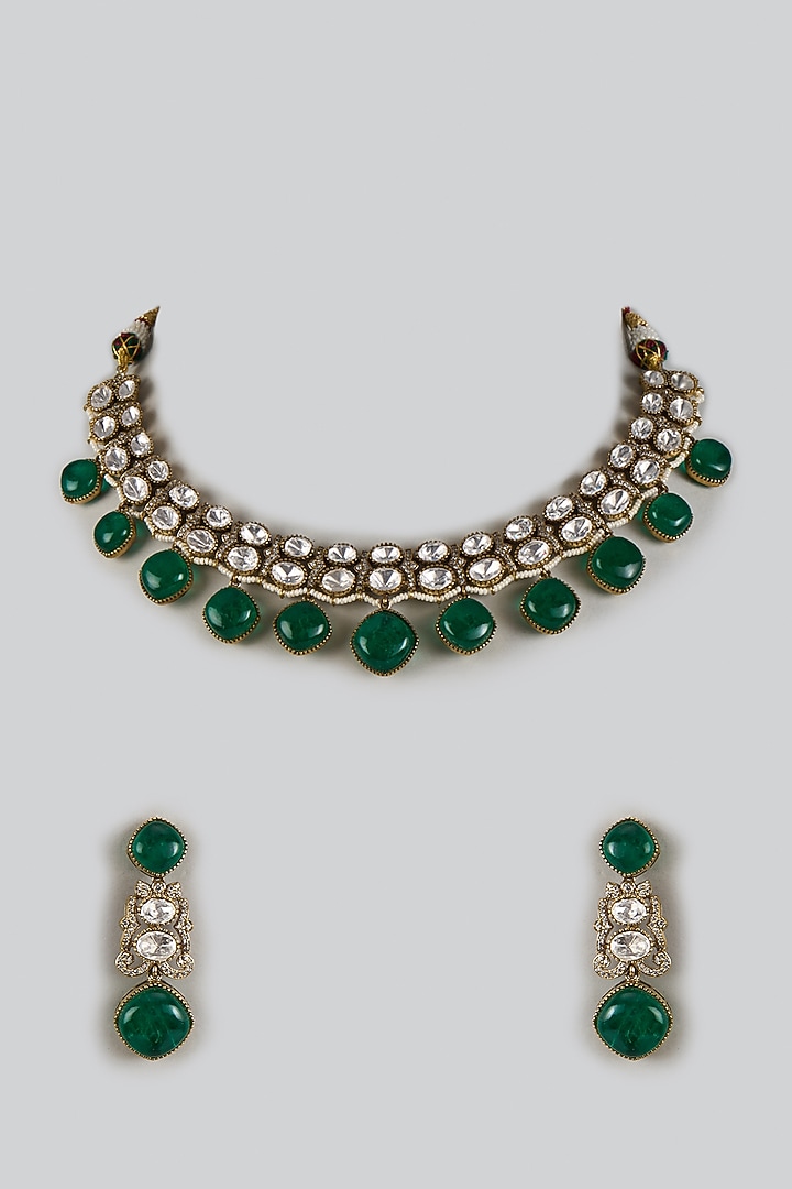 Two Tone Finish Emerald Gemstone & Kundan Polki Choker Necklace Set by JewelTreeTz at Pernia's Pop Up Shop