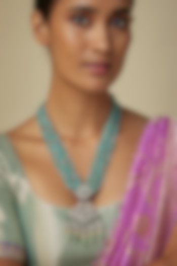 Black Rhodium Finish Blue Agate & Moissanite Polki Long Mala by JewelTreeTz at Pernia's Pop Up Shop