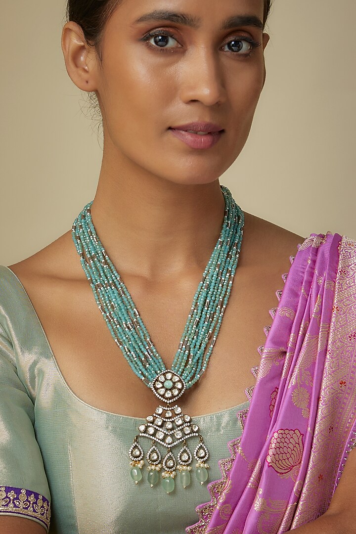 Black Rhodium Finish Blue Agate & Moissanite Polki Long Mala by JewelTreeTz at Pernia's Pop Up Shop