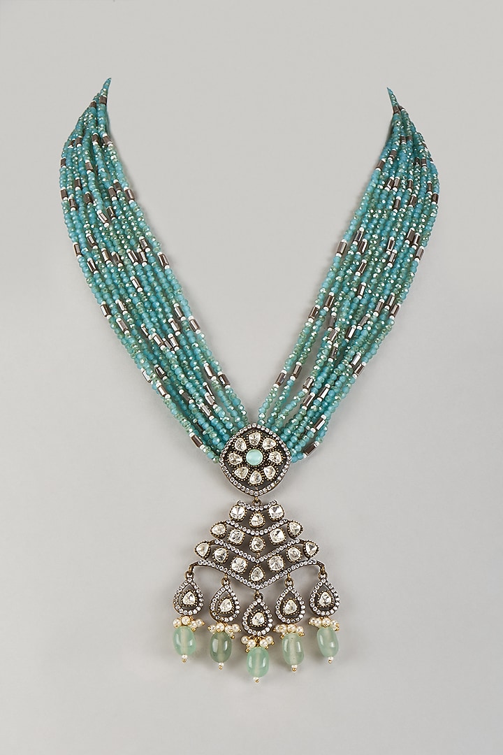 Black Rhodium Finish Blue Agate & Moissanite Polki Long Mala by JewelTreeTz at Pernia's Pop Up Shop