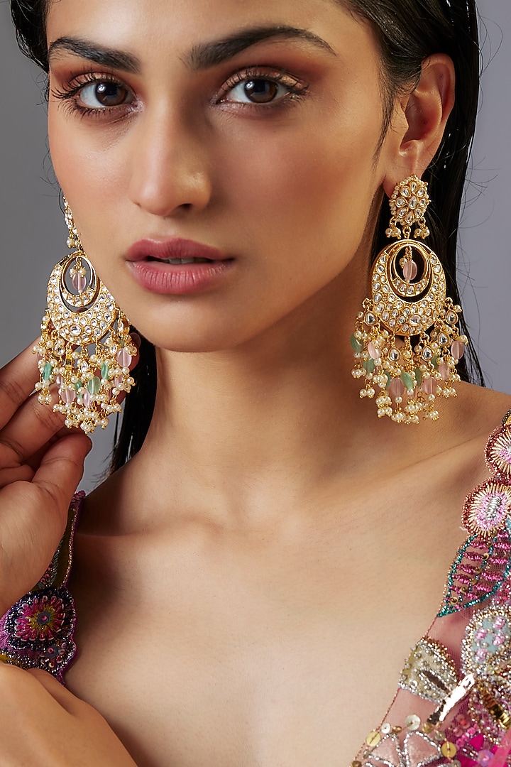 Gold Finish Pachi Kundan Polki Chandbali Earrings by JewelTreeTz at Pernia's Pop Up Shop