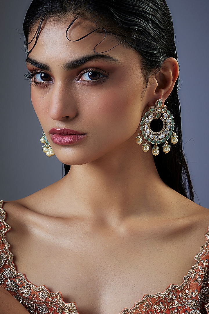 Gold Finish Moissanite Polki & Pearl Chandbali Earrings by JewelTreeTz at Pernia's Pop Up Shop