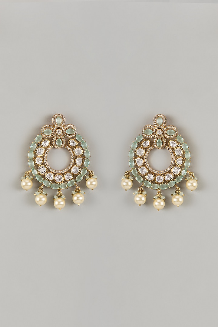 Gold Finish Moissanite Polki & Pearl Chandbali Earrings by JewelTreeTz at Pernia's Pop Up Shop